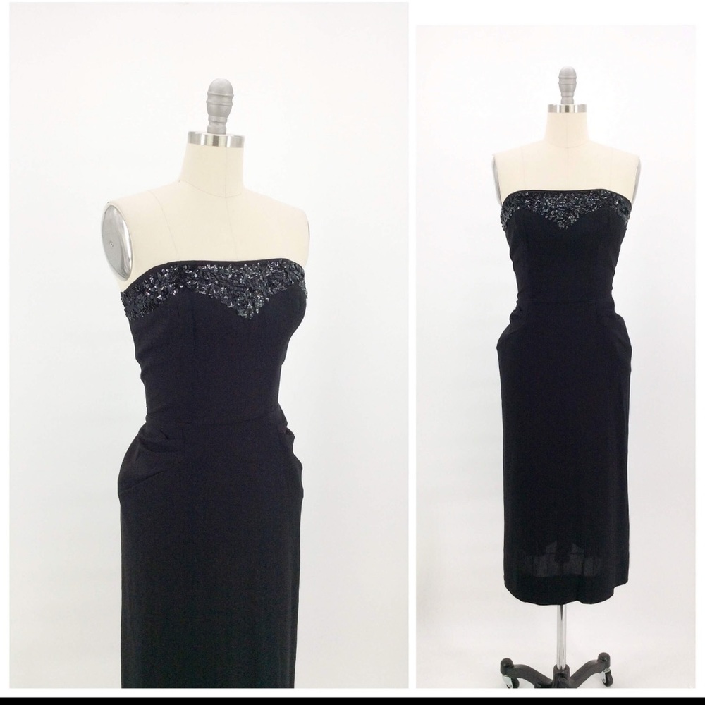 Vintage Black Sequin Strapless Dress / 60s / 70s / VLV VTG